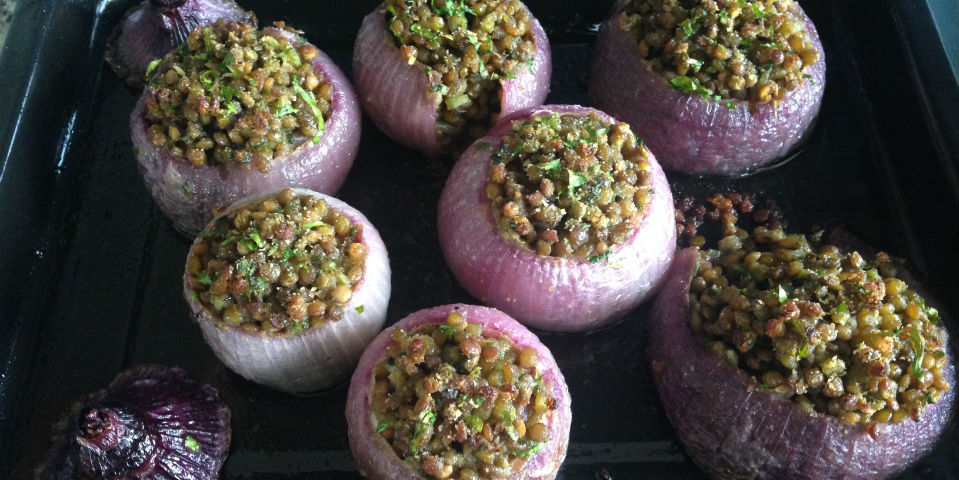 #Receta: Cebolla rostizada con lentejas