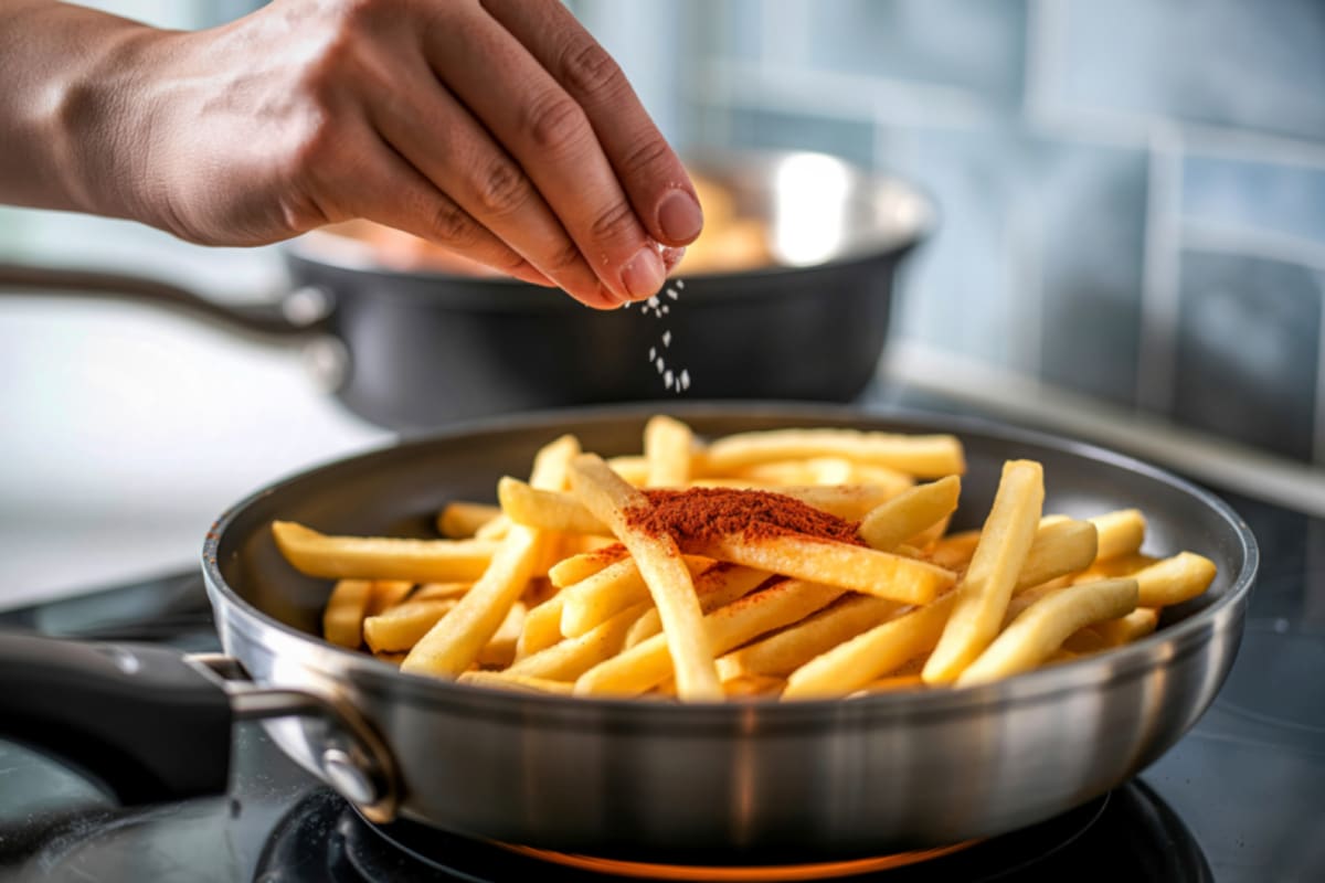 Personas condimentando papas elaboradas en sartén.