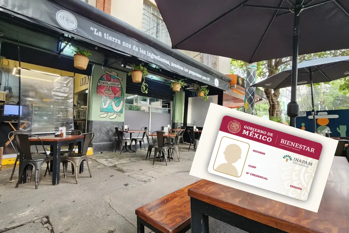 Fachada de un restaurante ubicado en la CDMX, a un costado está un recorte de la credencial del INAPAM